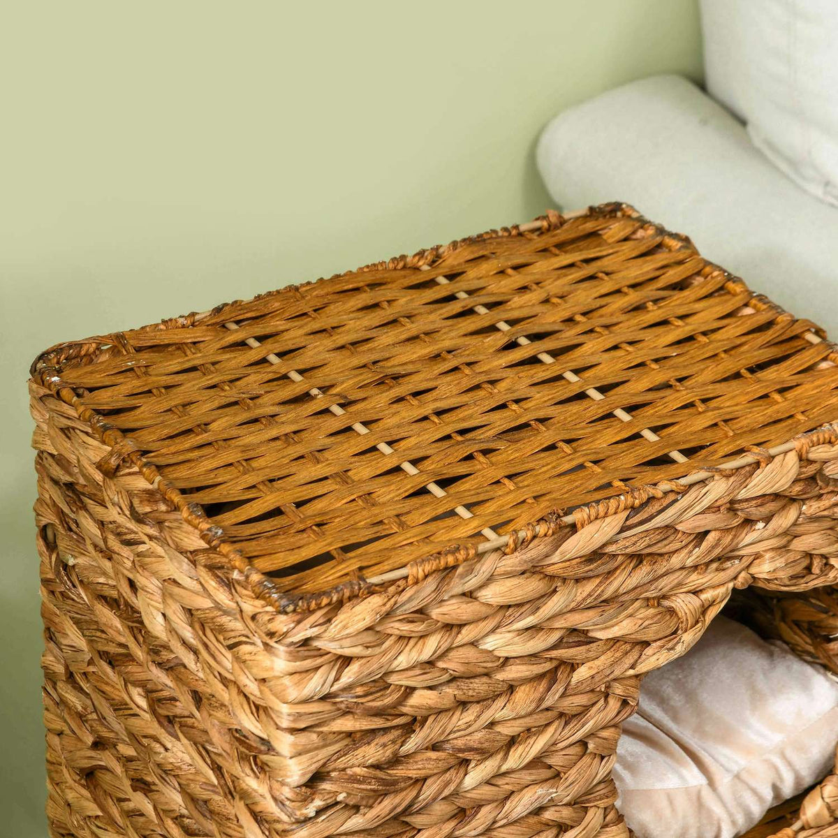 Scratching barrel, 76 cm high cat barrel with 3 caves, washable cushions, scratching post, cat tower made of water hyacinth, light brown