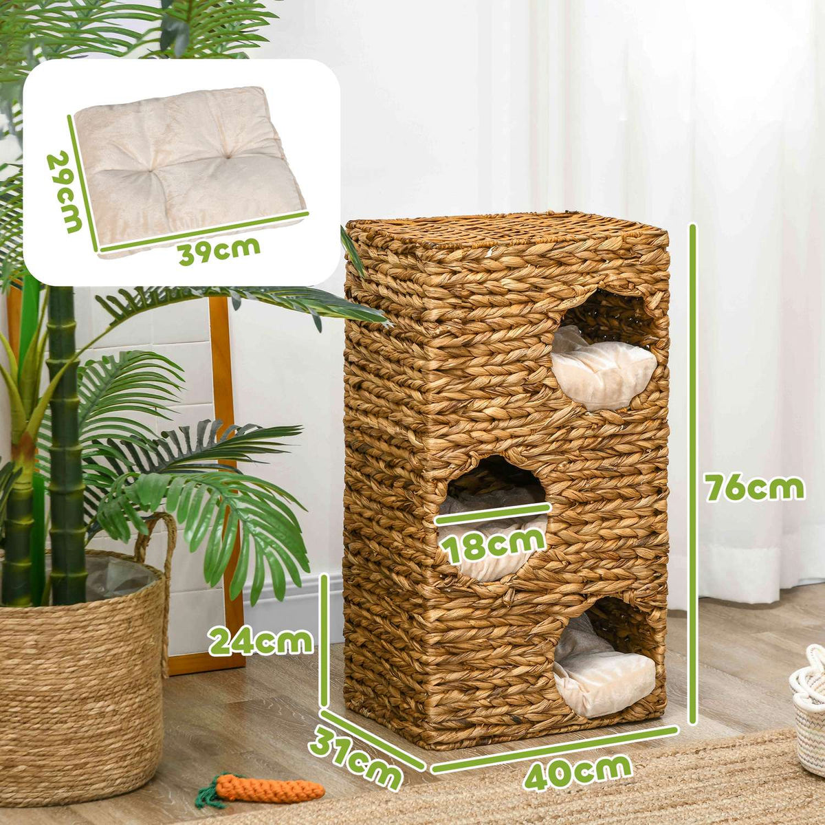 Scratching barrel, 76 cm high cat barrel with 3 caves, washable cushions, scratching post, cat tower made of water hyacinth, light brown