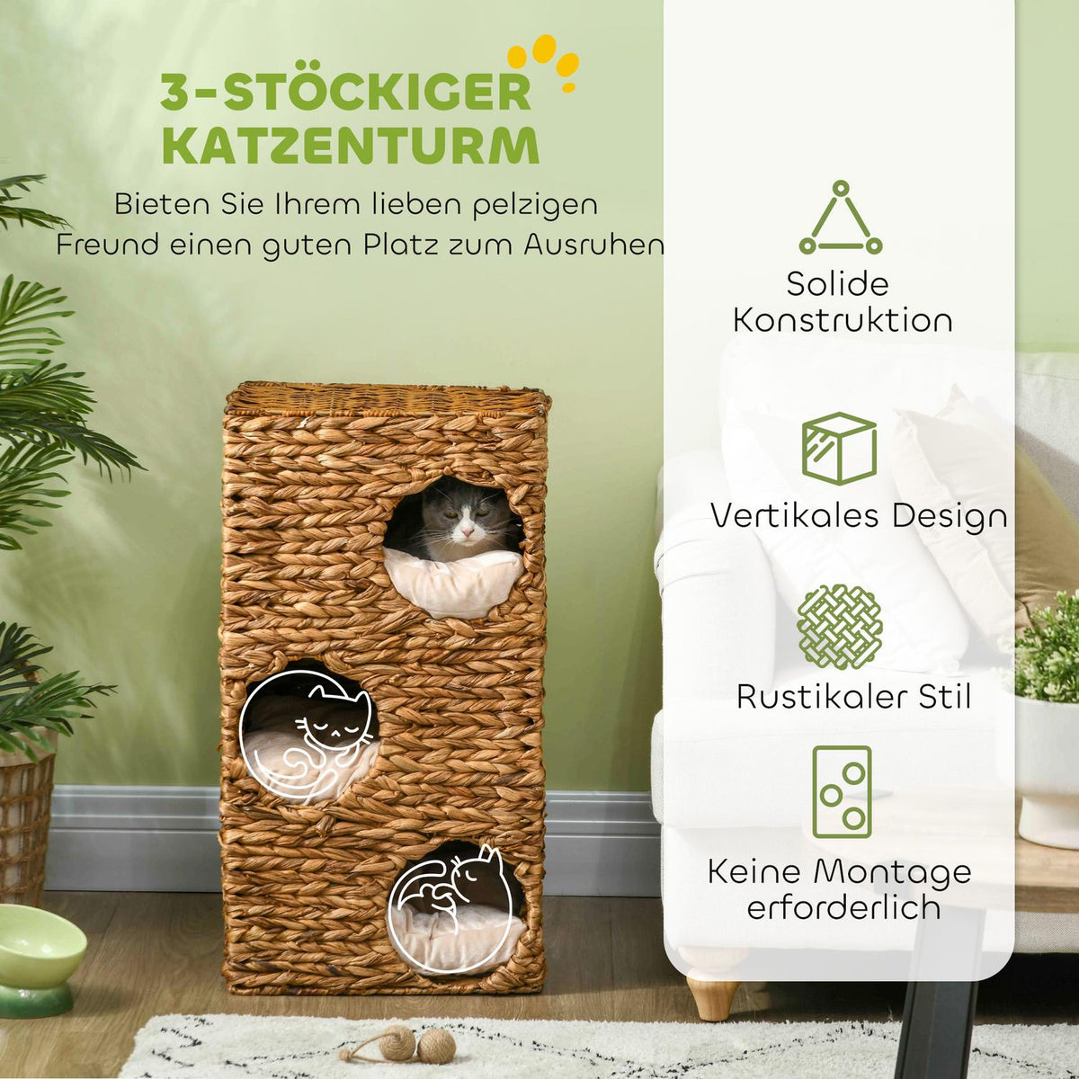 Scratching barrel, 76 cm high cat barrel with 3 caves, washable cushions, scratching post, cat tower made of water hyacinth, light brown