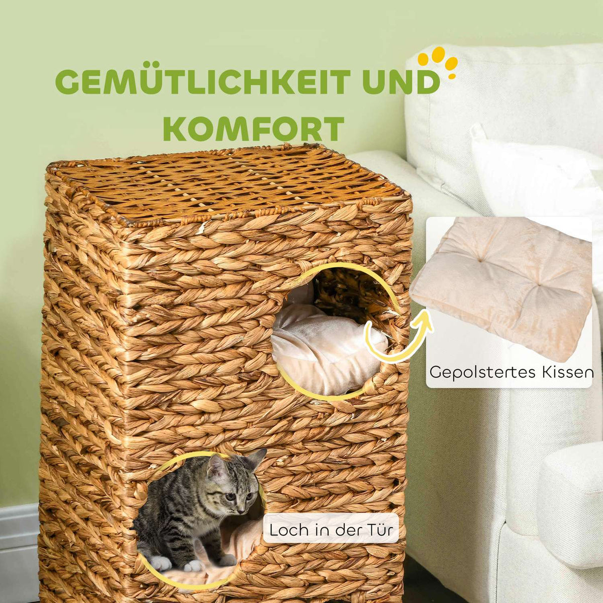 Scratching barrel, 76 cm high cat barrel with 3 caves, washable cushions, scratching post, cat tower made of water hyacinth, light brown