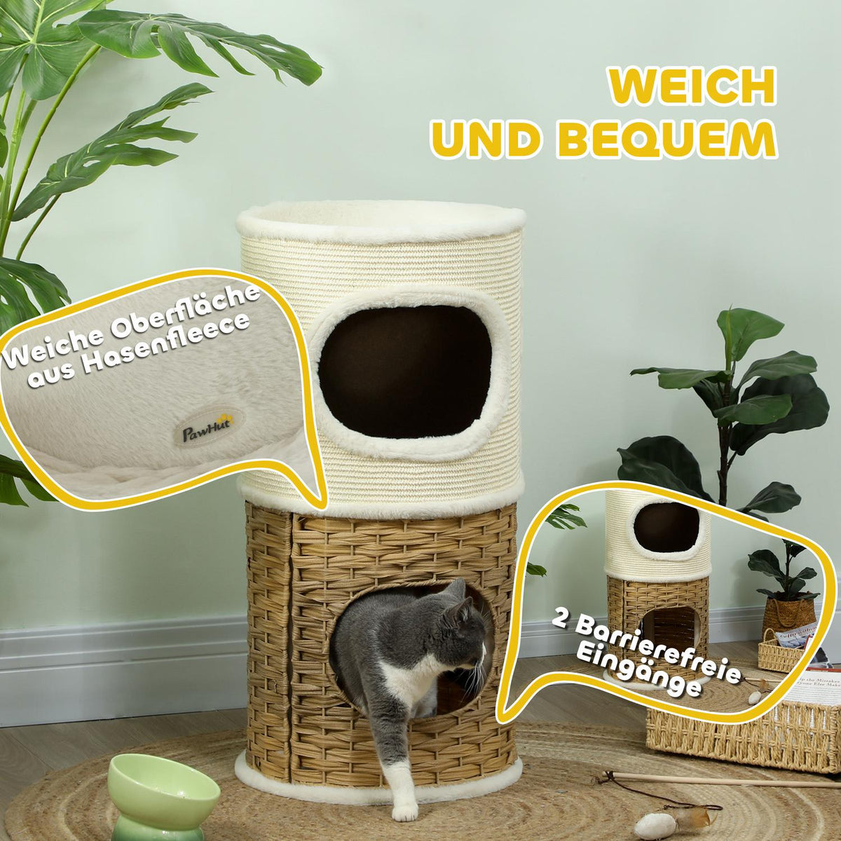 Scratching barrel 80 cm high Ø 40 cm three-tiered cat barrel with plush rim, cat cave cream white