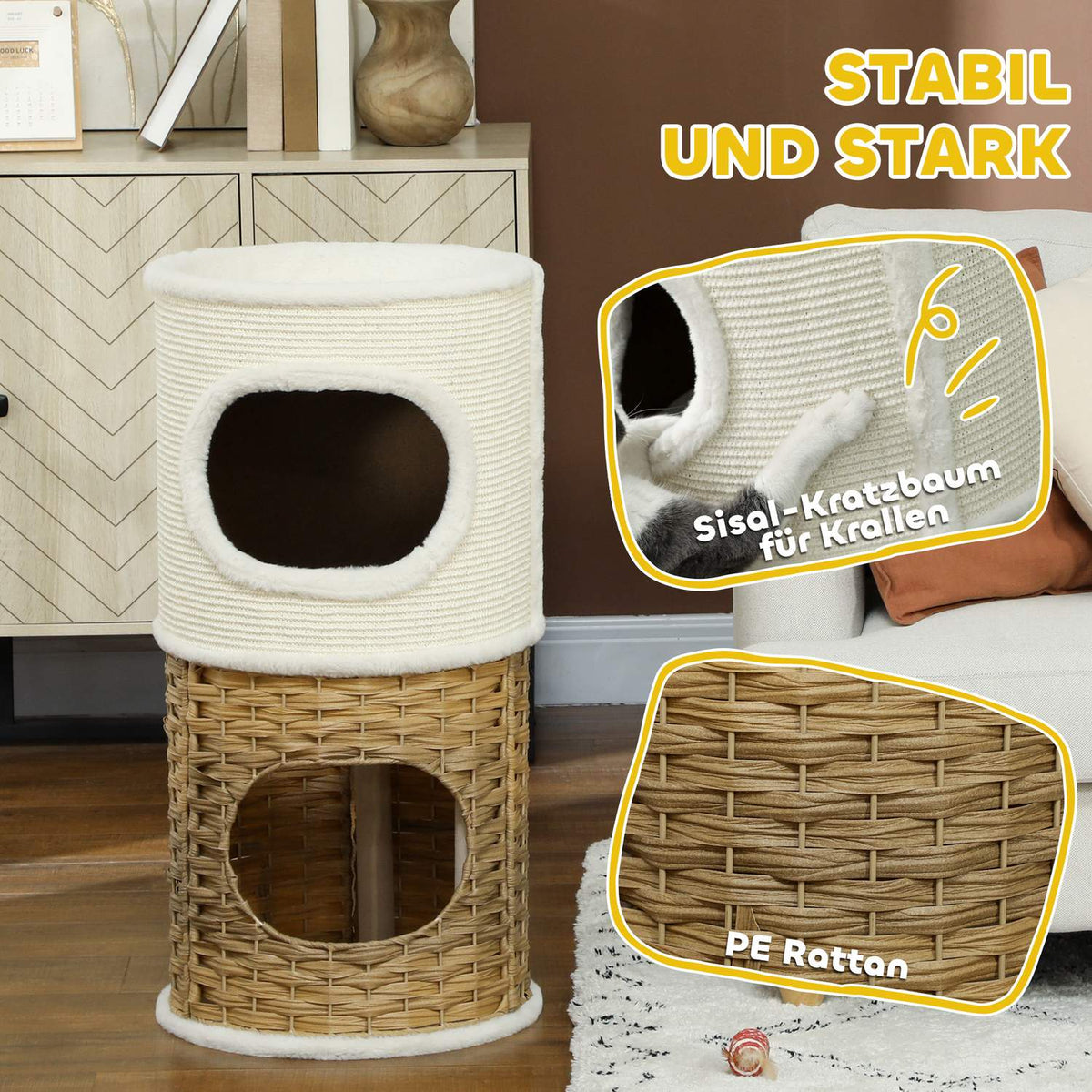 Scratching barrel 80 cm high Ø 40 cm three-tiered cat barrel with plush rim, cat cave cream white