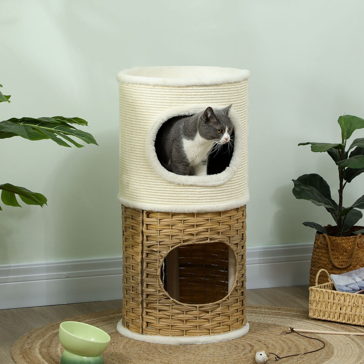 Scratching barrel 80 cm high Ø 40 cm three-tiered cat barrel with plush rim, cat cave cream white