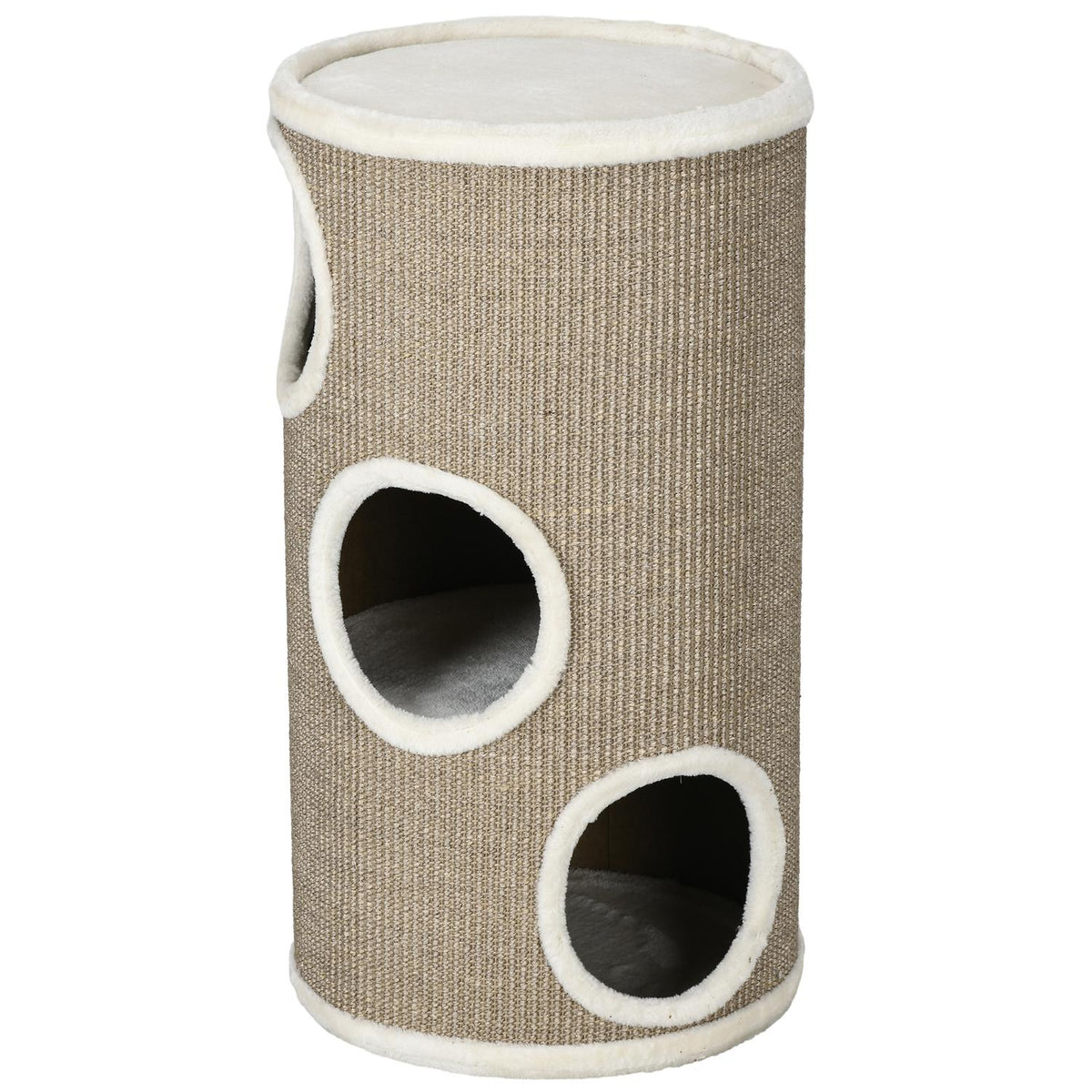 Scratching barrel, height 70 cm, play barrel for cats, 3 levels, cat scratching post with 3 caves, cat tree, scratching tower, sisal, plush