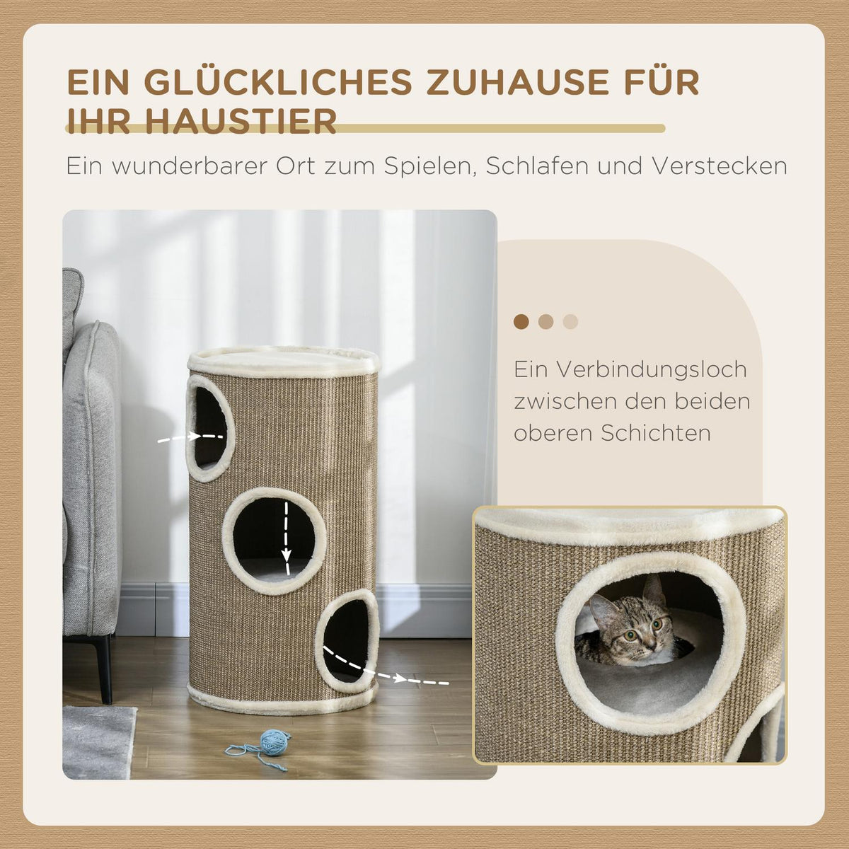 Scratching barrel, height 70 cm, play barrel for cats, 3 levels, cat scratching post with 3 caves, cat tree, scratching tower, sisal, plush