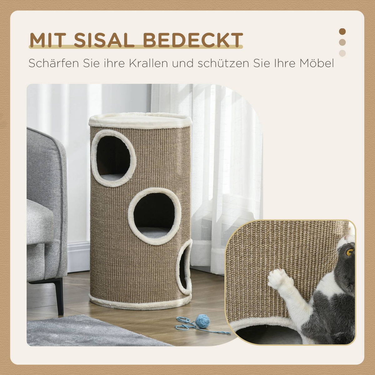 Scratching barrel, height 70 cm, play barrel for cats, 3 levels, cat scratching post with 3 caves, cat tree, scratching tower, sisal, plush