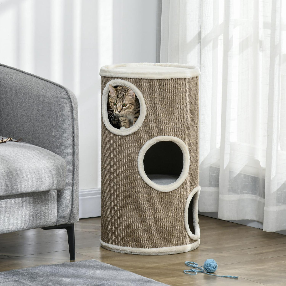 Scratching barrel, height 70 cm, play barrel for cats, 3 levels, cat scratching post with 3 caves, cat tree, scratching tower, sisal, plush
