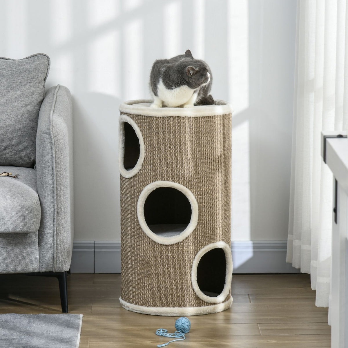 Scratching barrel, height 70 cm, play barrel for cats, 3 levels, cat scratching post with 3 caves, cat tree, scratching tower, sisal, plush