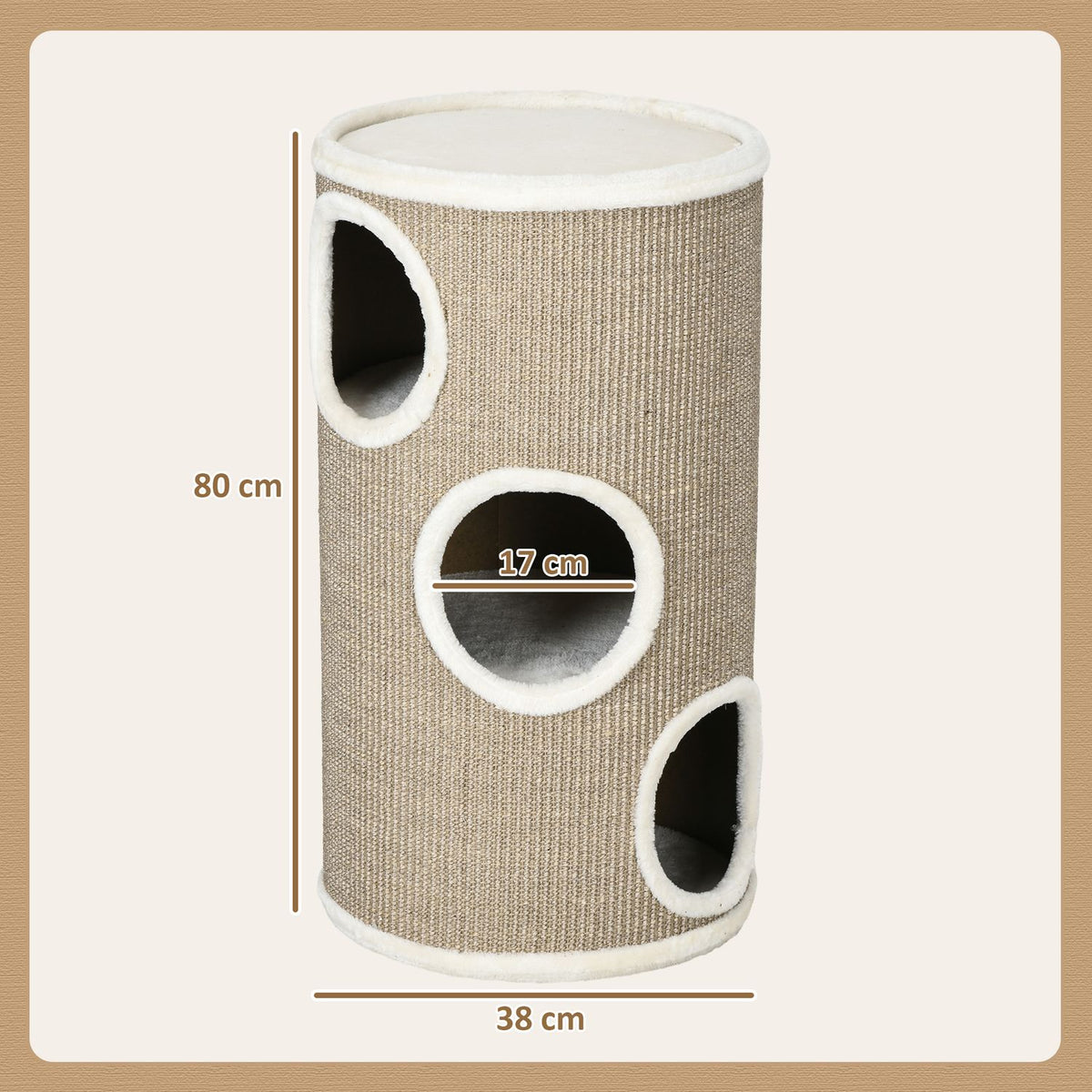 Scratching barrel, height 70 cm, play barrel for cats, 3 levels, cat scratching post with 3 caves, cat tree, scratching tower, sisal, plush