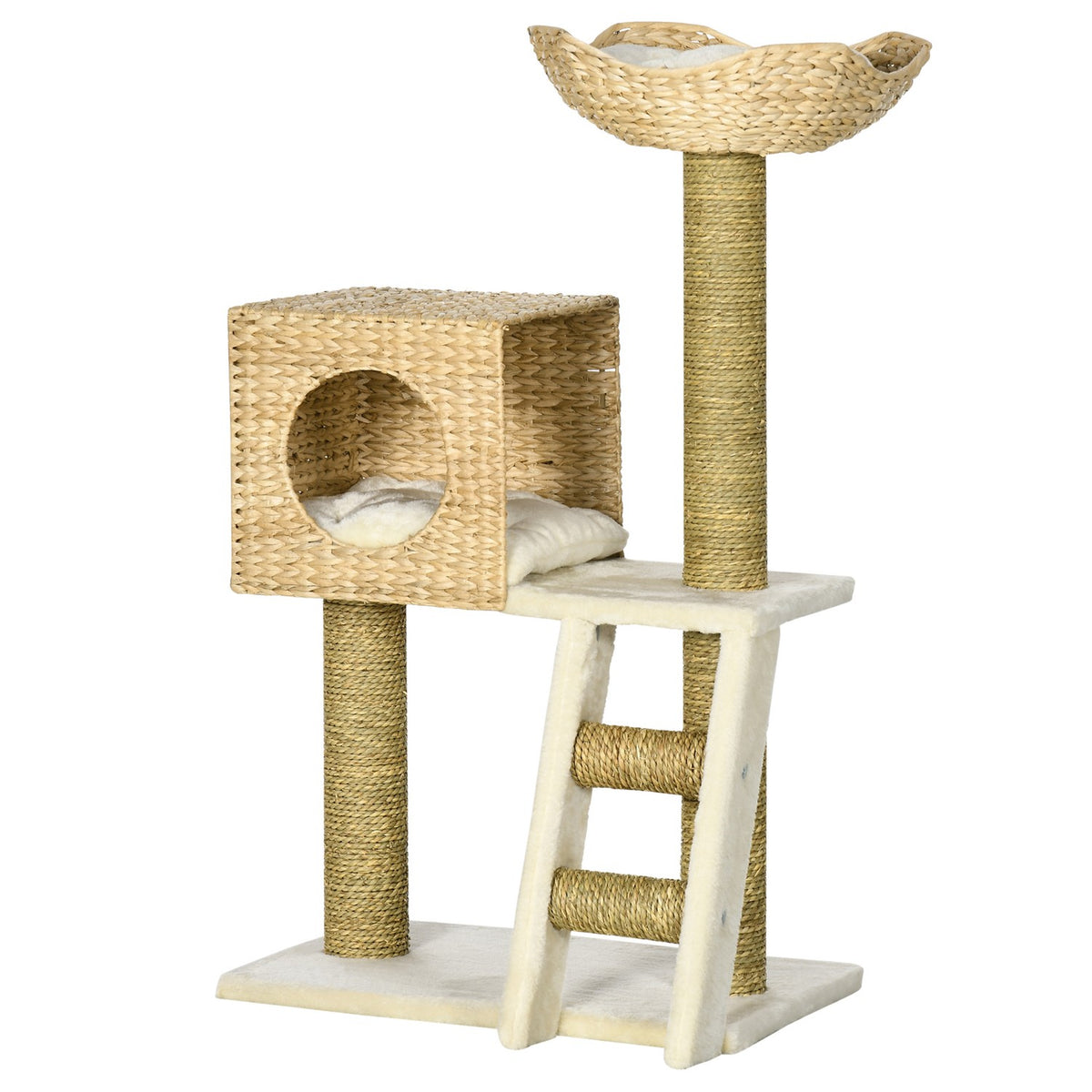 Scratching post 100.5H cm, cat tree with cat cave, bed, cat stairs with sisal scratching posts, cushion, for small cats, natural
