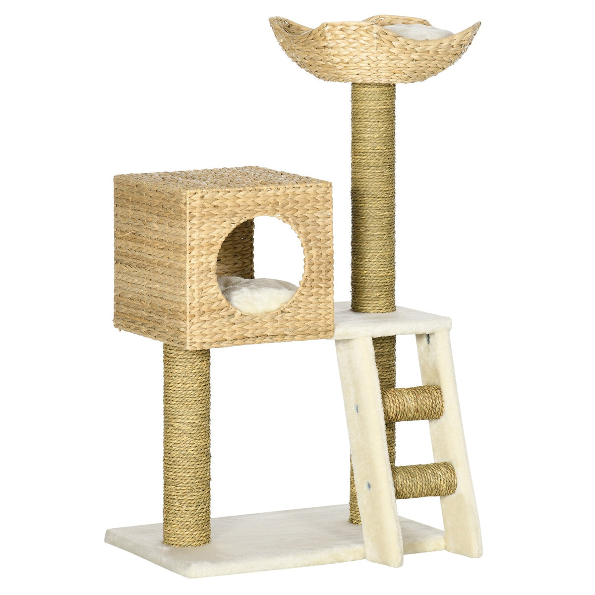 Scratching post 100.5H cm, cat tree with cat cave, bed, cat stairs with sisal scratching posts, cushion, for small cats, natural