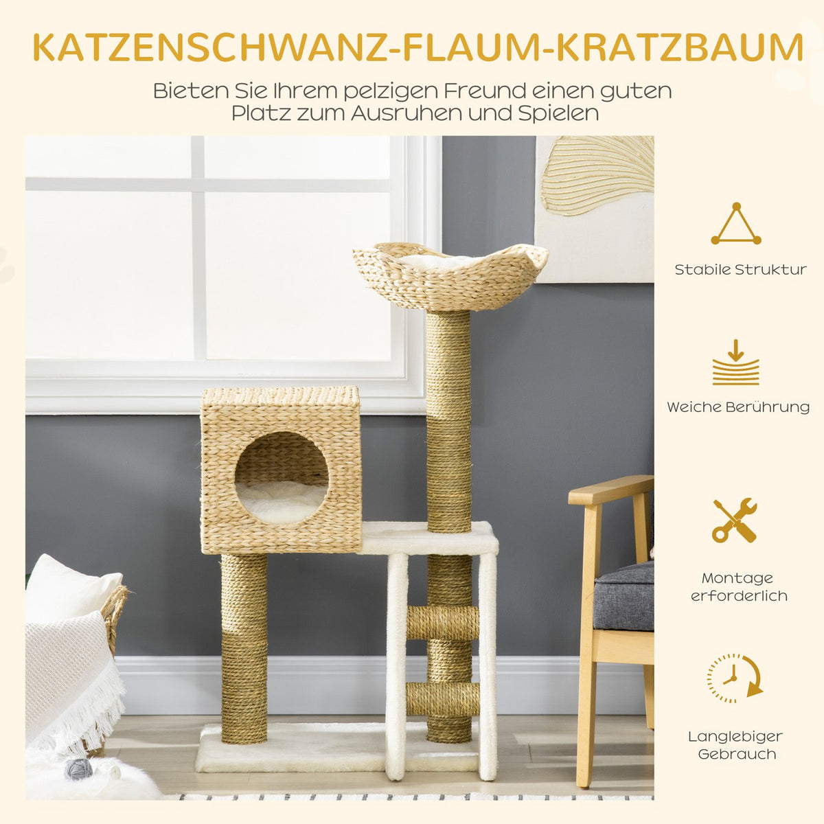 Scratching post 100.5H cm, cat tree with cat cave, bed, cat stairs with sisal scratching posts, cushion, for small cats, natural