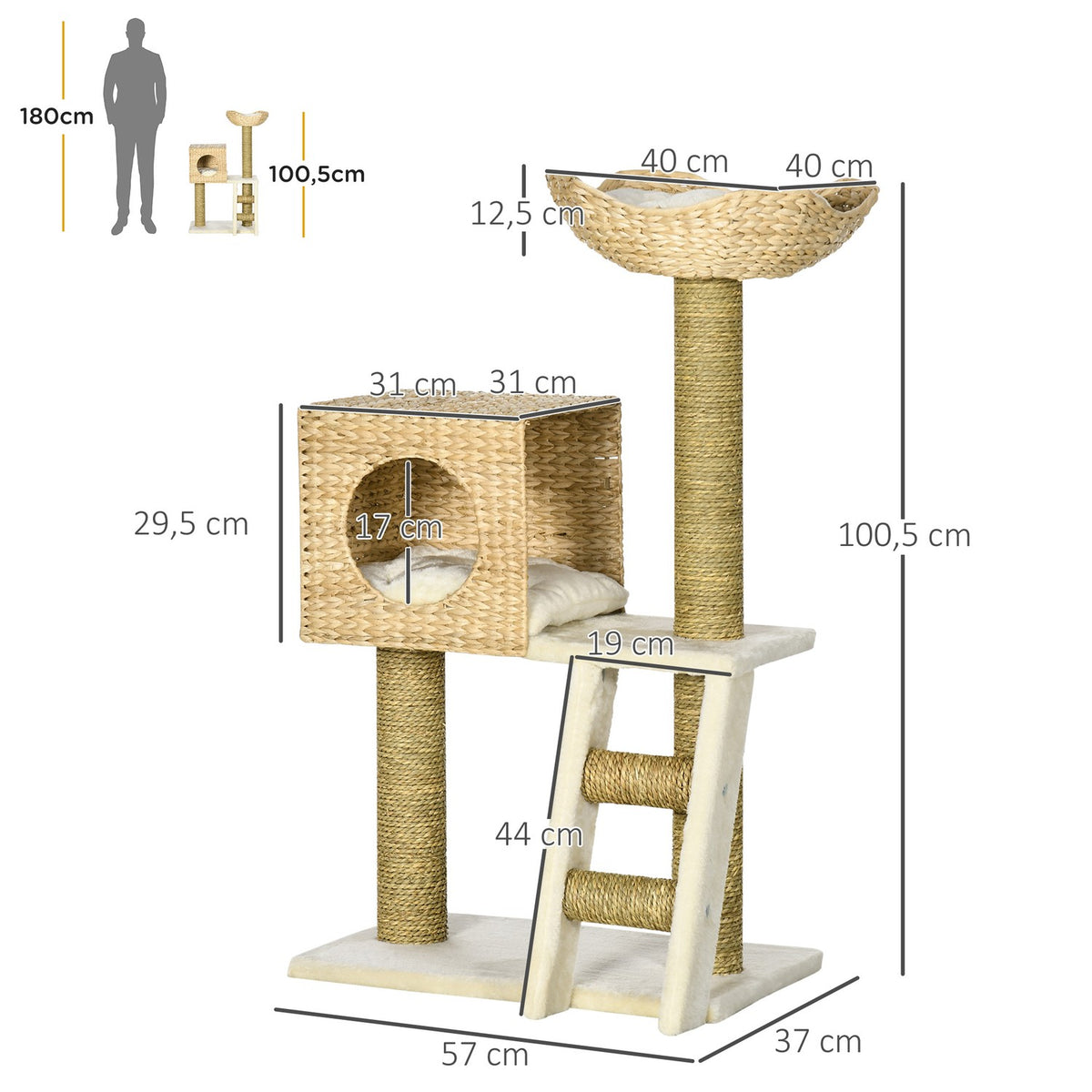 Scratching post 100.5H cm, cat tree with cat cave, bed, cat stairs with sisal scratching posts, cushion, for small cats, natural