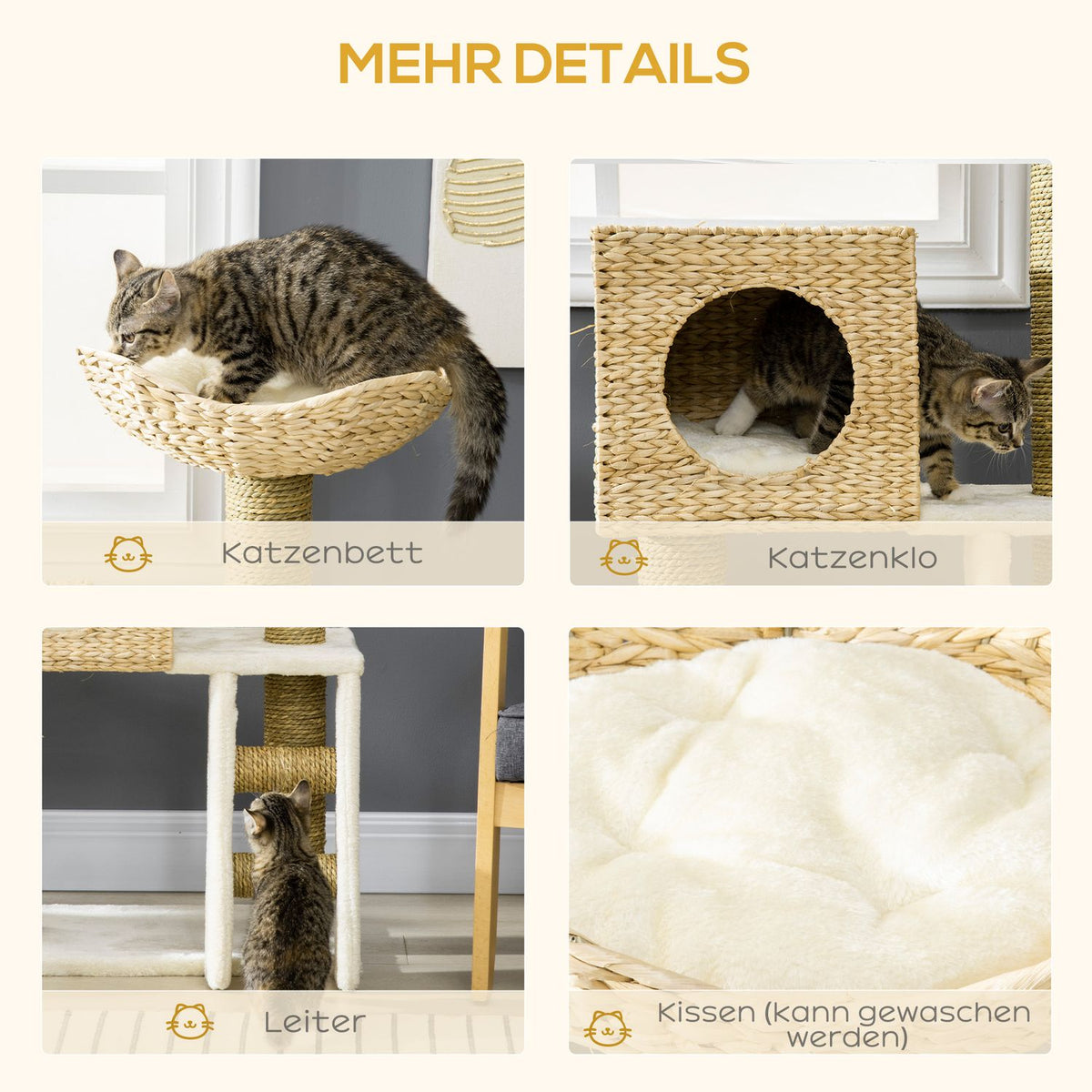 Scratching post 100.5H cm, cat tree with cat cave, bed, cat stairs with sisal scratching posts, cushion, for small cats, natural
