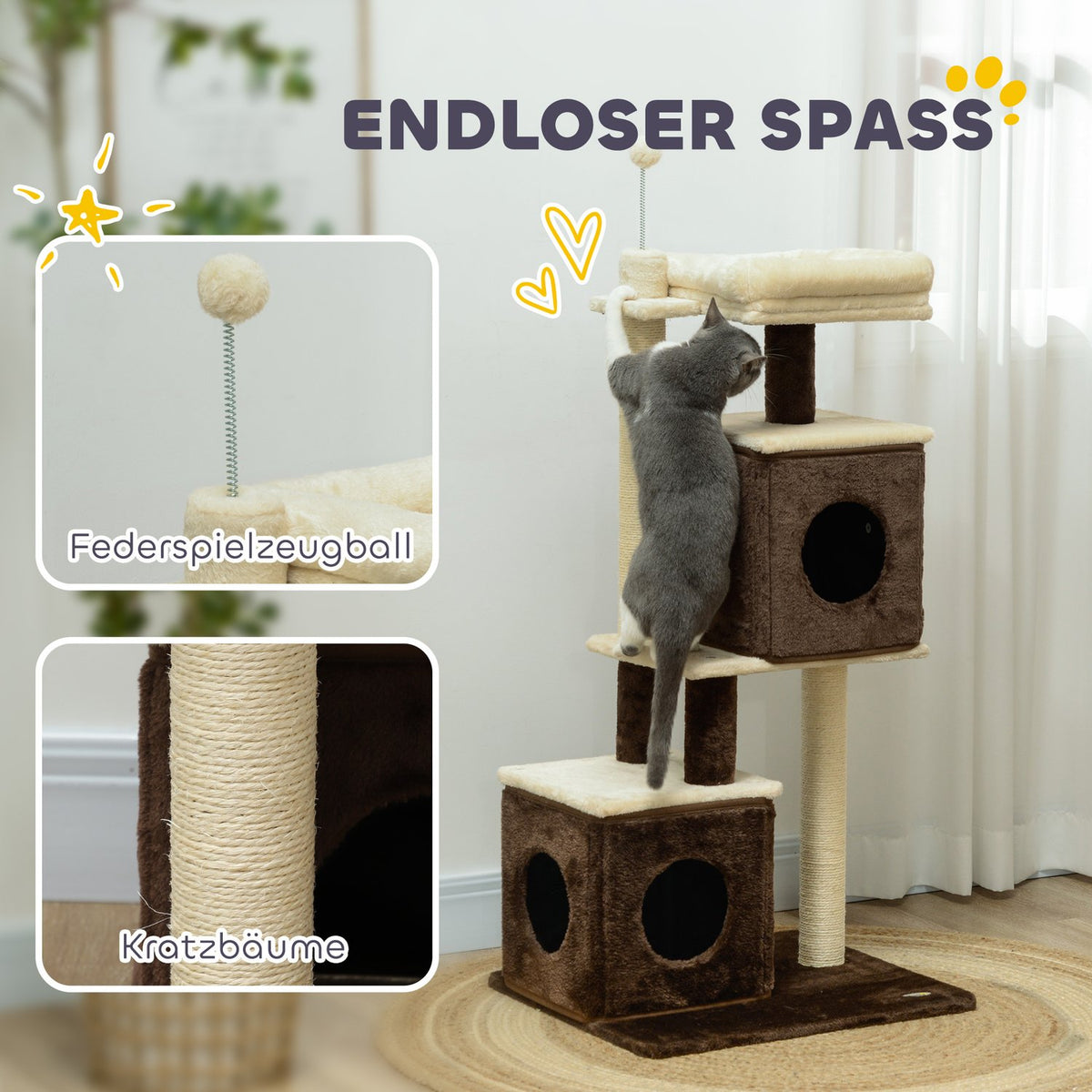 Scratching post 107 cm cat tree with cat cave, bed, play ball, cat scratching post with sisal scratching posts, for cats up to 5 kg, dark brown