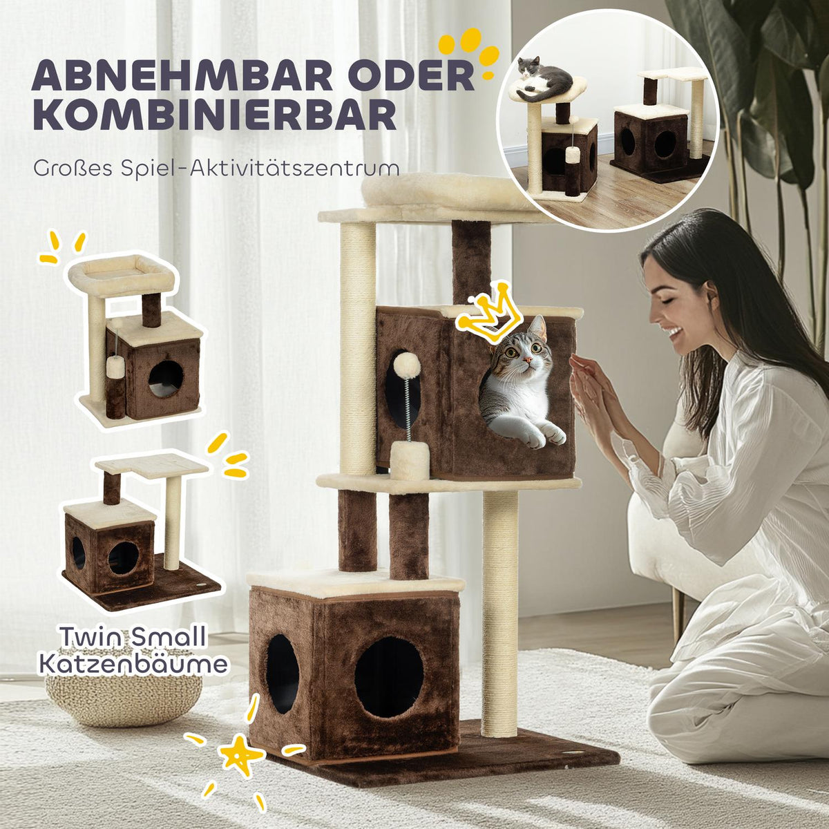 Scratching post 107 cm cat tree with cat cave, bed, play ball, cat scratching post with sisal scratching posts, for cats up to 5 kg, dark brown
