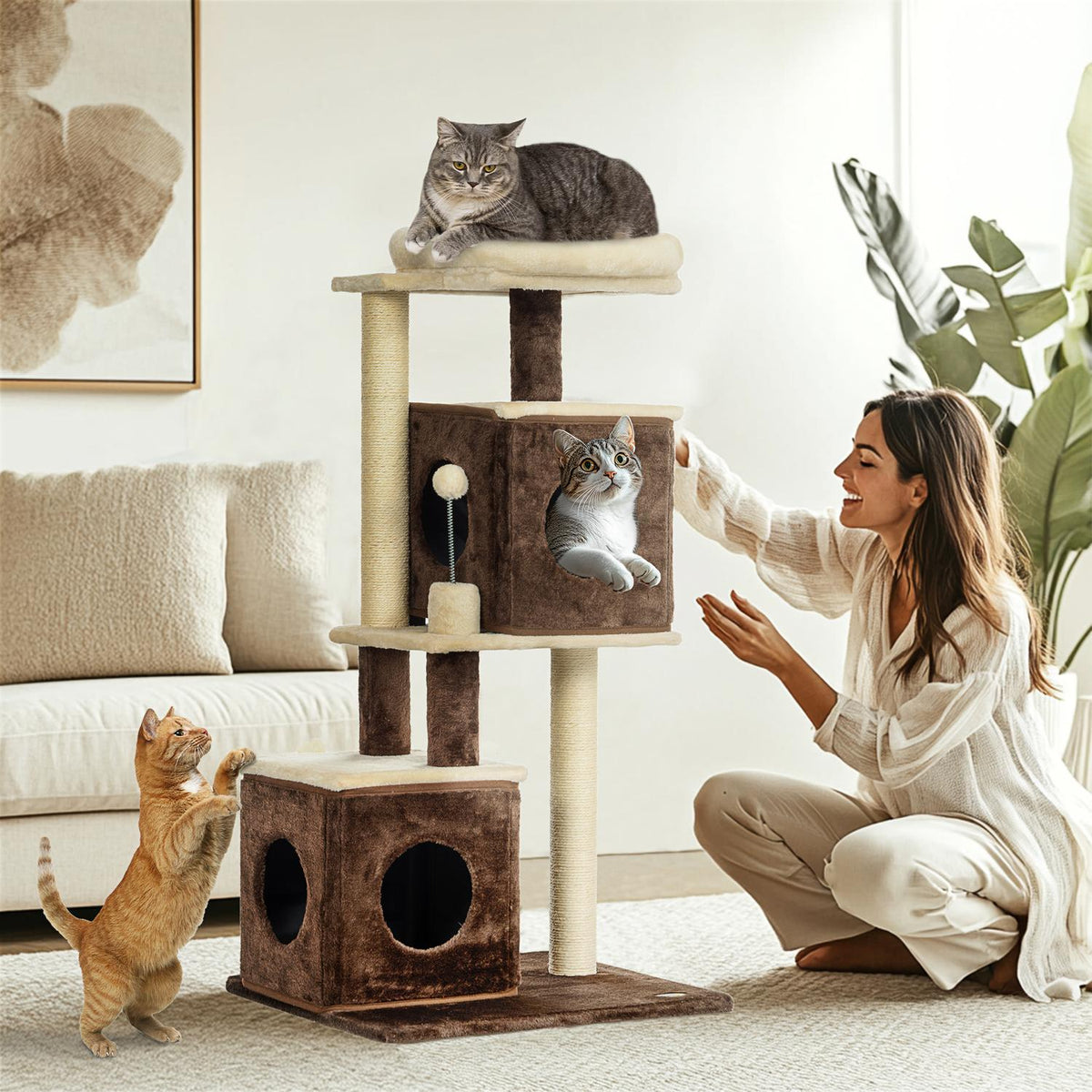 Scratching post 107 cm cat tree with cat cave, bed, play ball, cat scratching post with sisal scratching posts, for cats up to 5 kg, dark brown
