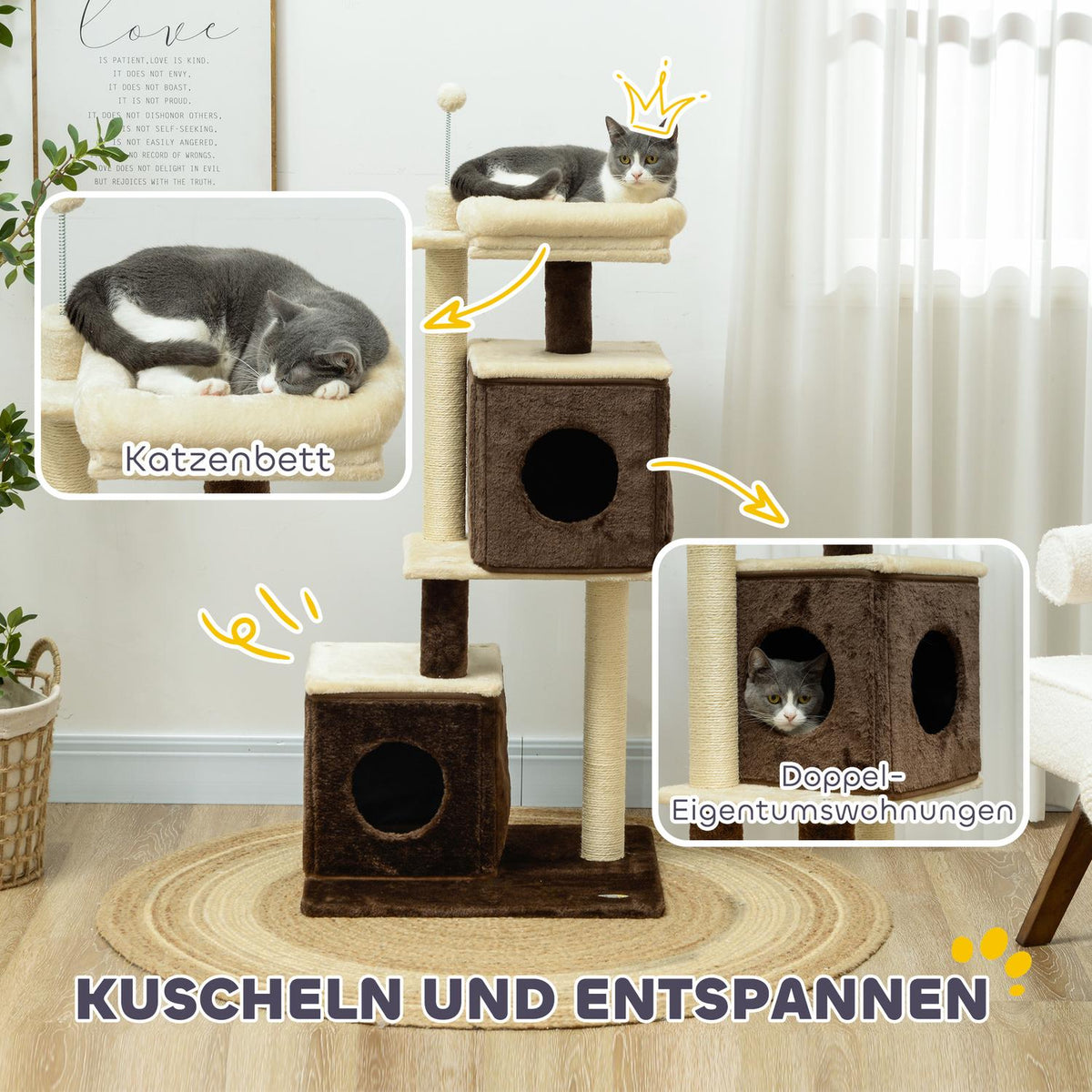 Scratching post 107 cm cat tree with cat cave, bed, play ball, cat scratching post with sisal scratching posts, for cats up to 5 kg, dark brown