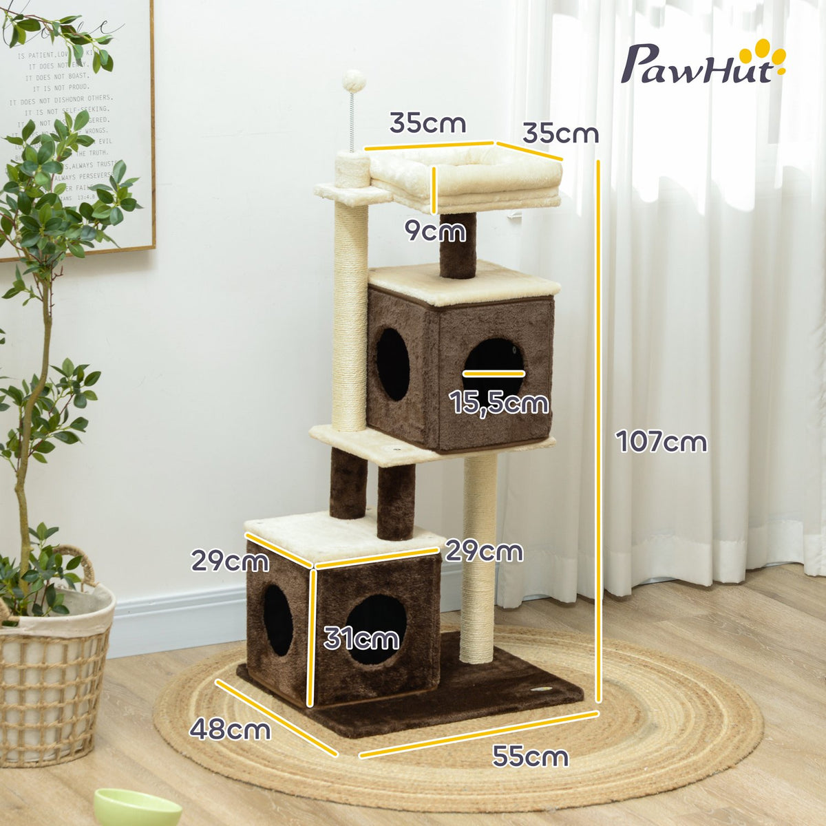 Scratching post 107 cm cat tree with cat cave, bed, play ball, cat scratching post with sisal scratching posts, for cats up to 5 kg, dark brown