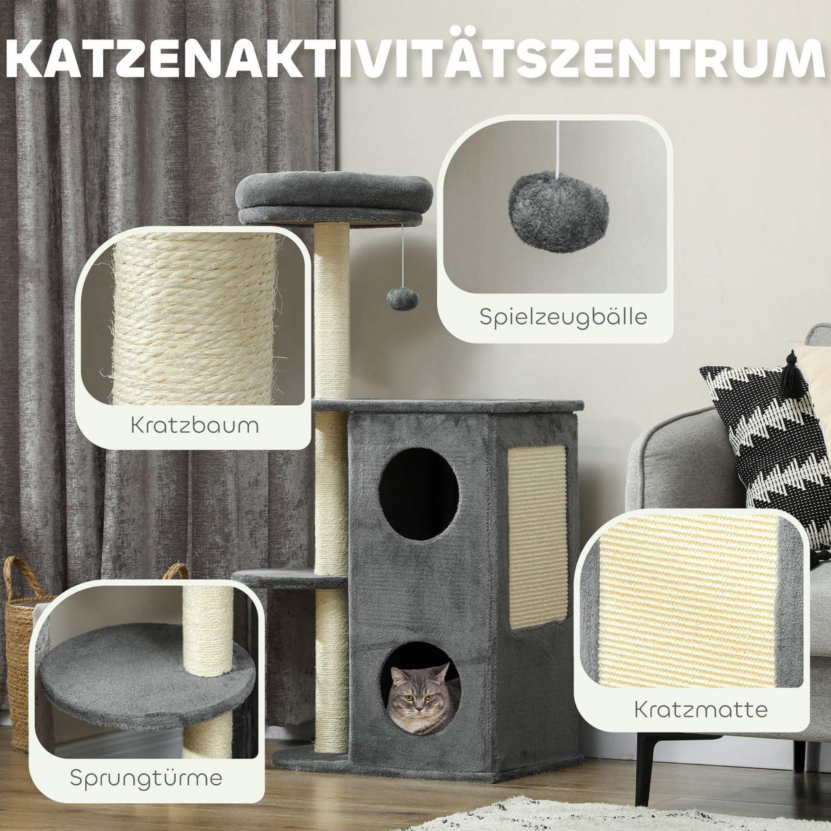 Scratching post 111 cm cat tree with cat cave, bed, play ball, cat scratching post with sisal scratching posts, for cats up to 5 kg, gray