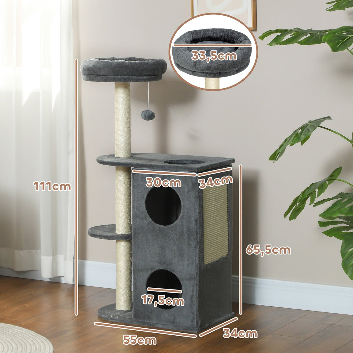 Scratching post 111 cm cat tree with cat cave, bed, play ball, cat scratching post with sisal scratching posts, for cats up to 5 kg, gray
