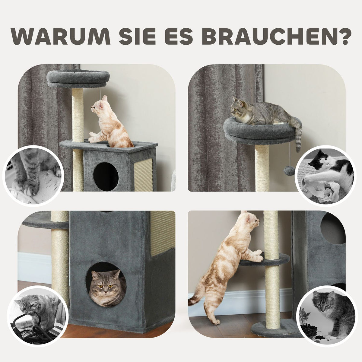 Scratching post 111 cm cat tree with cat cave, bed, play ball, cat scratching post with sisal scratching posts, for cats up to 5 kg, gray