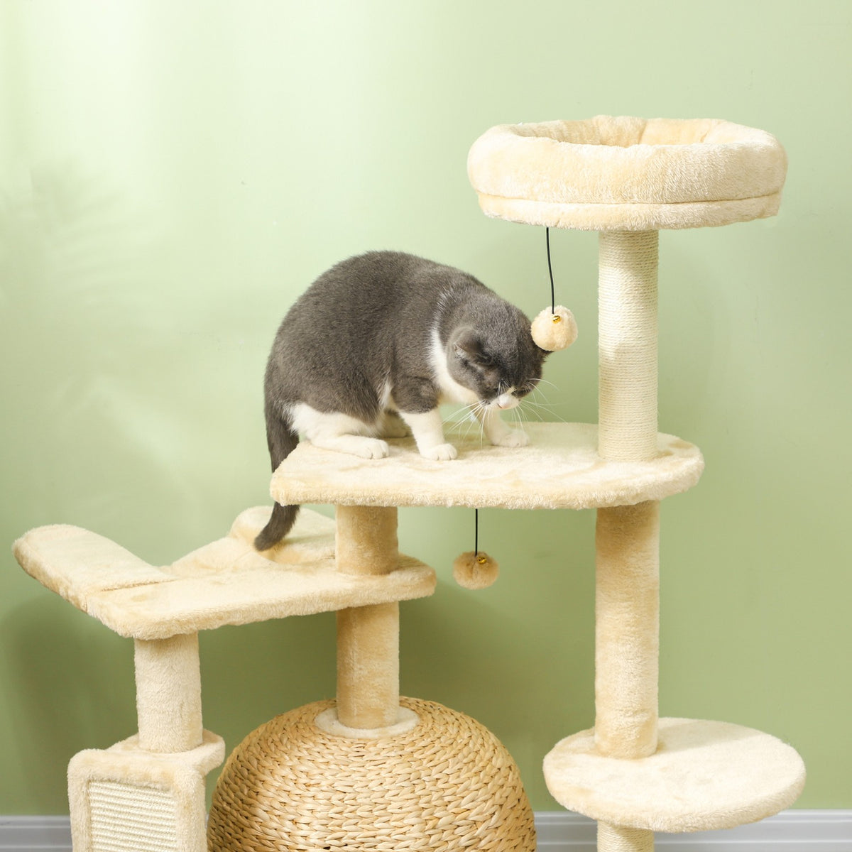 Scratching post 112 cm cat tree with cat cave, bed, play balls, cat scratching post with sisal scratching posts, for cats up to 5 kg, beige