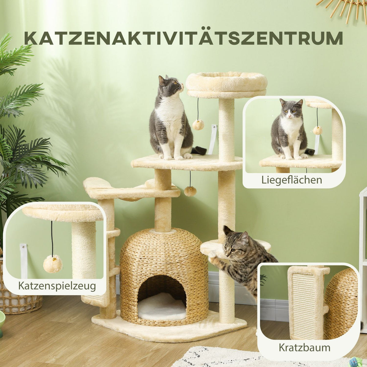 Scratching post 112 cm cat tree with cat cave, bed, play balls, cat scratching post with sisal scratching posts, for cats up to 5 kg, beige