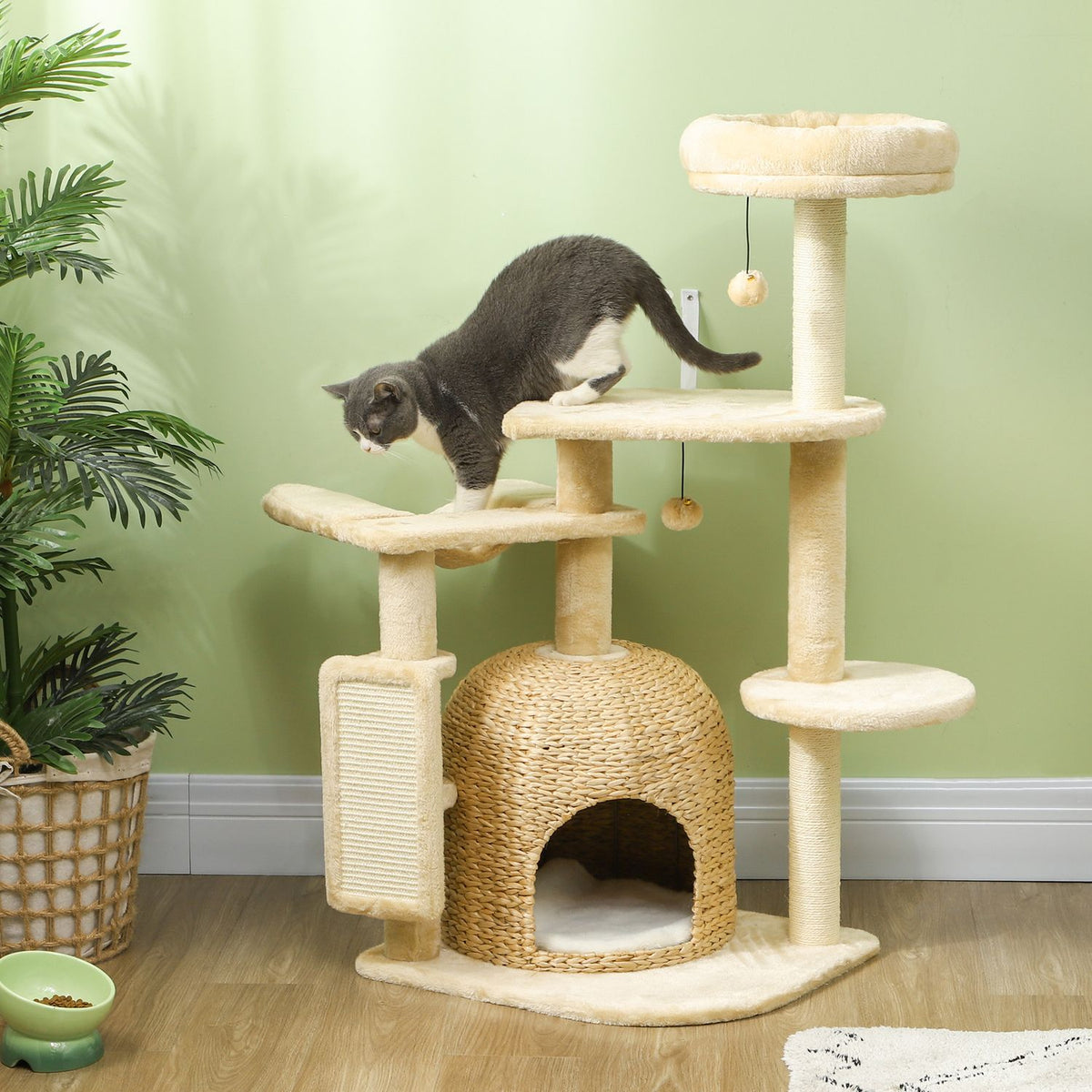 Scratching post 112 cm cat tree with cat cave, bed, play balls, cat scratching post with sisal scratching posts, for cats up to 5 kg, beige