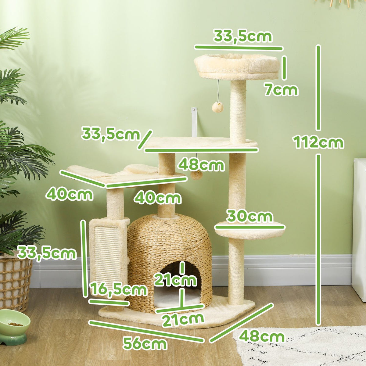 Scratching post 112 cm cat tree with cat cave, bed, play balls, cat scratching post with sisal scratching posts, for cats up to 5 kg, beige