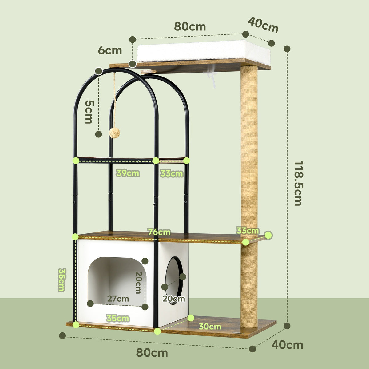 Scratching post 118.5 cm cat tree with cat cave, bed, scratching mat, cat scratching post with play ball, tip protection, for cats up to 5 kg, rustic brown