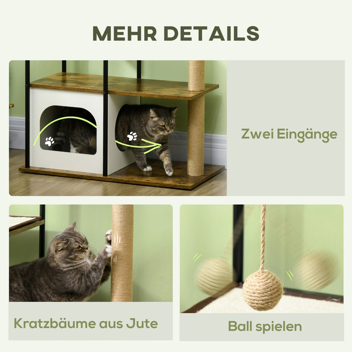 Scratching post 118.5 cm cat tree with cat cave, bed, scratching mat, cat scratching post with play ball, tip protection, for cats up to 5 kg, rustic brown