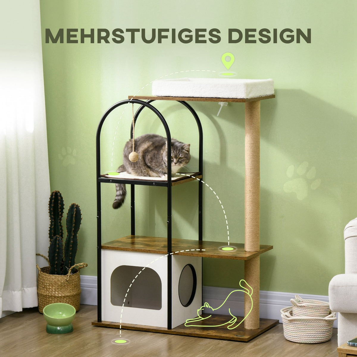 Scratching post 118.5 cm cat tree with cat cave, bed, scratching mat, cat scratching post with play ball, tip protection, for cats up to 5 kg, rustic brown