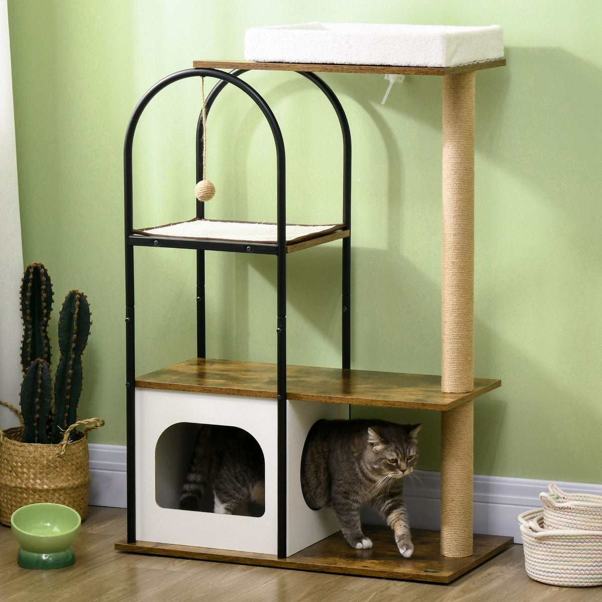 Scratching post 118.5 cm cat tree with cat cave, bed, scratching mat, cat scratching post with play ball, tip protection, for cats up to 5 kg, rustic brown