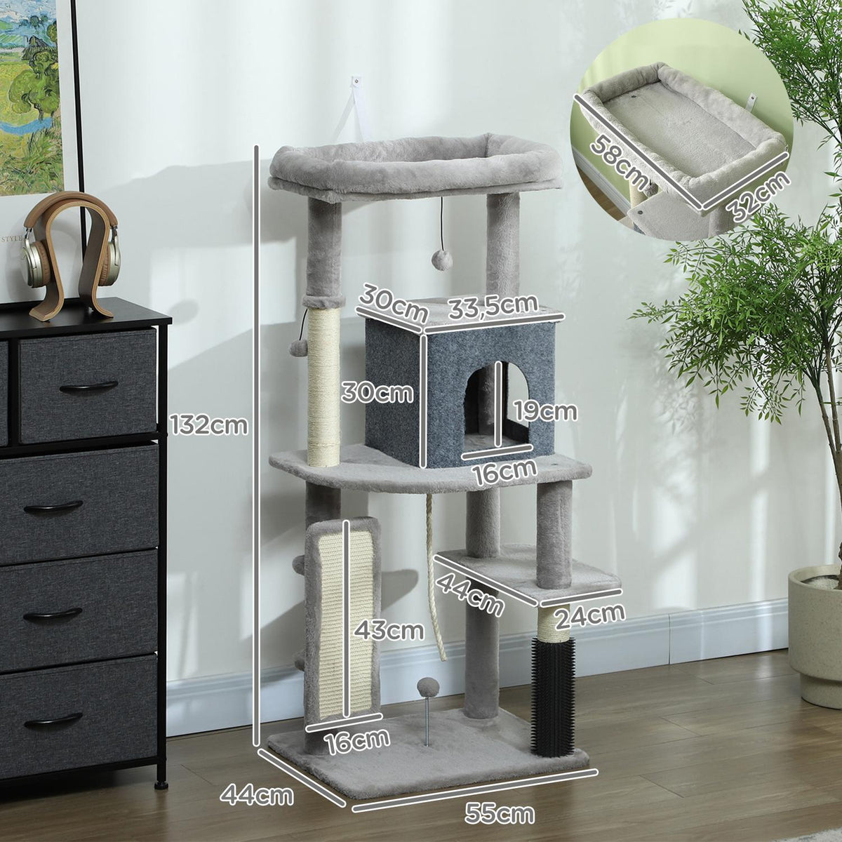 Scratching post 132 cm cat tree with cat cave, play ball, cat scratching post with sisal scratching posts, for cats up to 6 kg, light gray