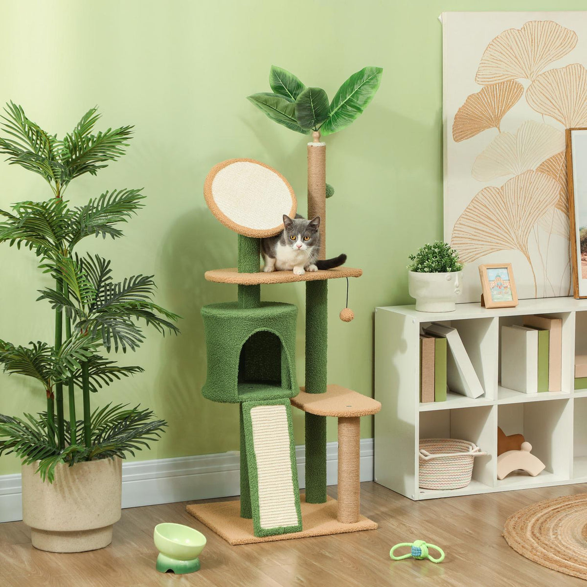 Scratching post 139 cm cat tree with cat cave, play ball, cat scratching post with sisal scratching posts, for cats up to 5 kg, green