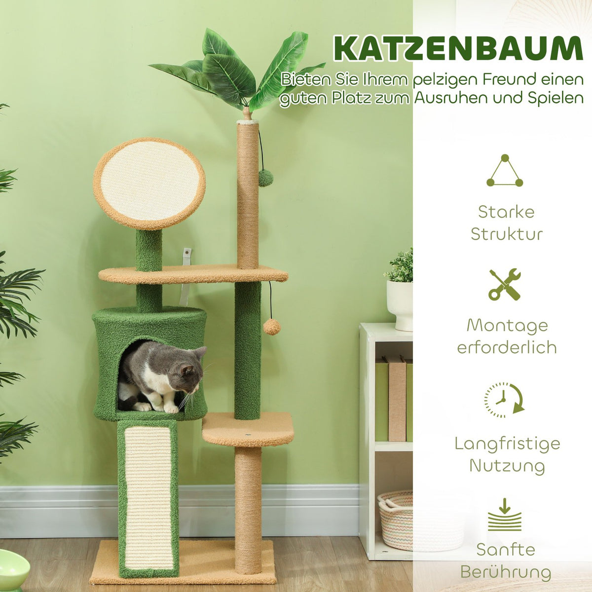 Scratching post 139 cm cat tree with cat cave, play ball, cat scratching post with sisal scratching posts, for cats up to 5 kg, green