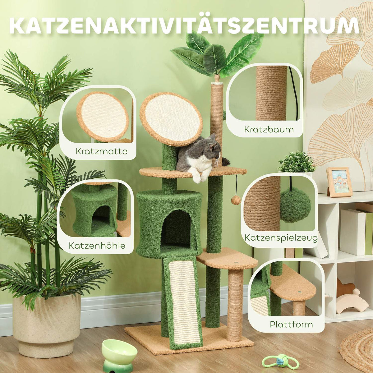 Scratching post 139 cm cat tree with cat cave, play ball, cat scratching post with sisal scratching posts, for cats up to 5 kg, green