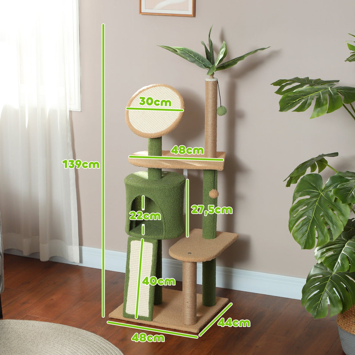 Scratching post 139 cm cat tree with cat cave, play ball, cat scratching post with sisal scratching posts, for cats up to 5 kg, green