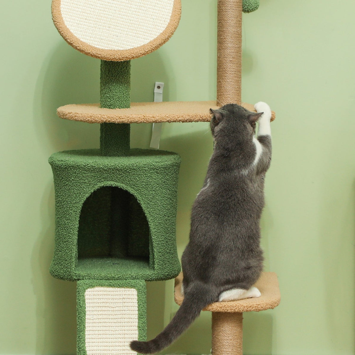 Scratching post 139 cm cat tree with cat cave, play ball, cat scratching post with sisal scratching posts, for cats up to 5 kg, green