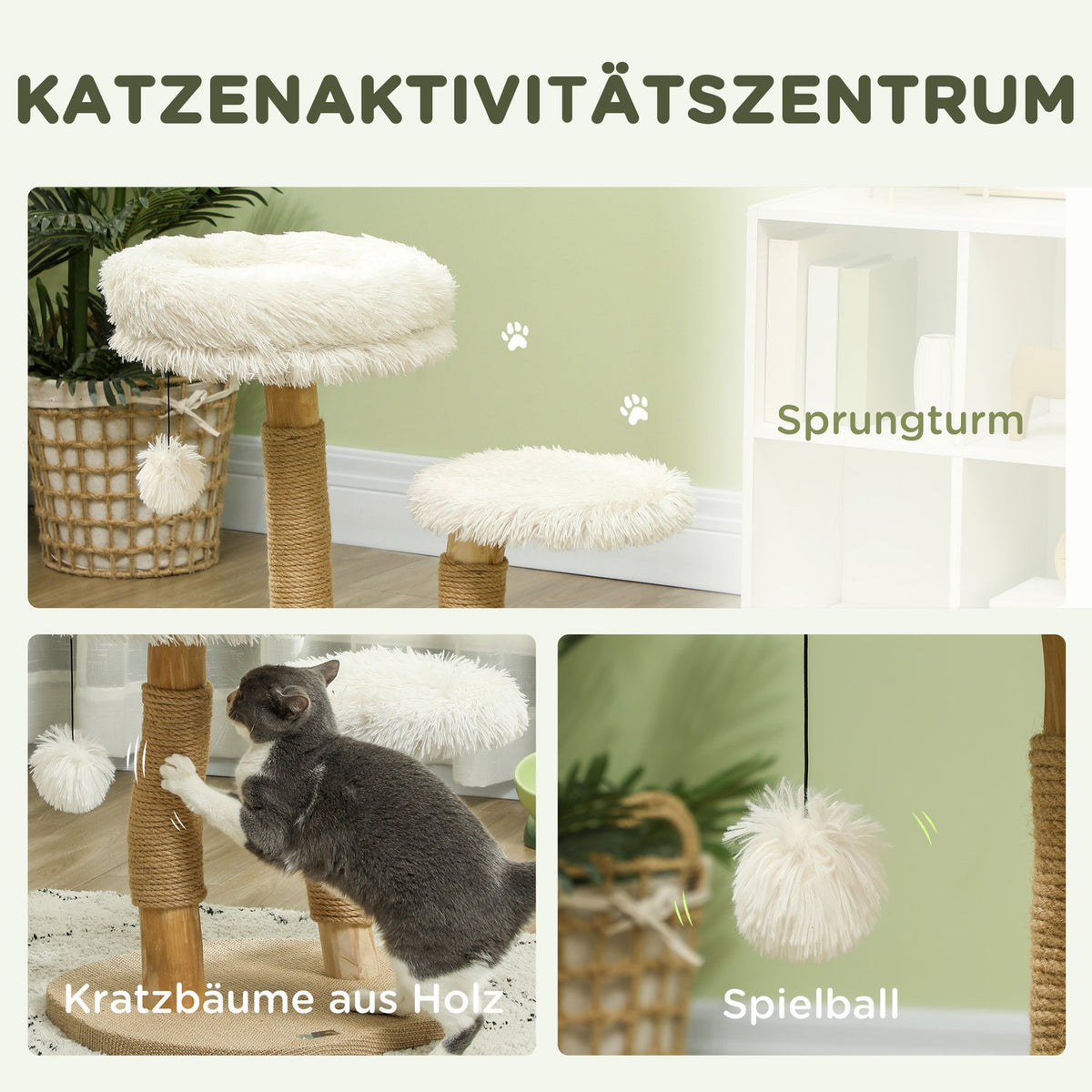 Scratching post 61.5 cm high cat scratching post with play ball, beds, cat tower with cat scratching board, for cats under 5 kg, pear wood, white