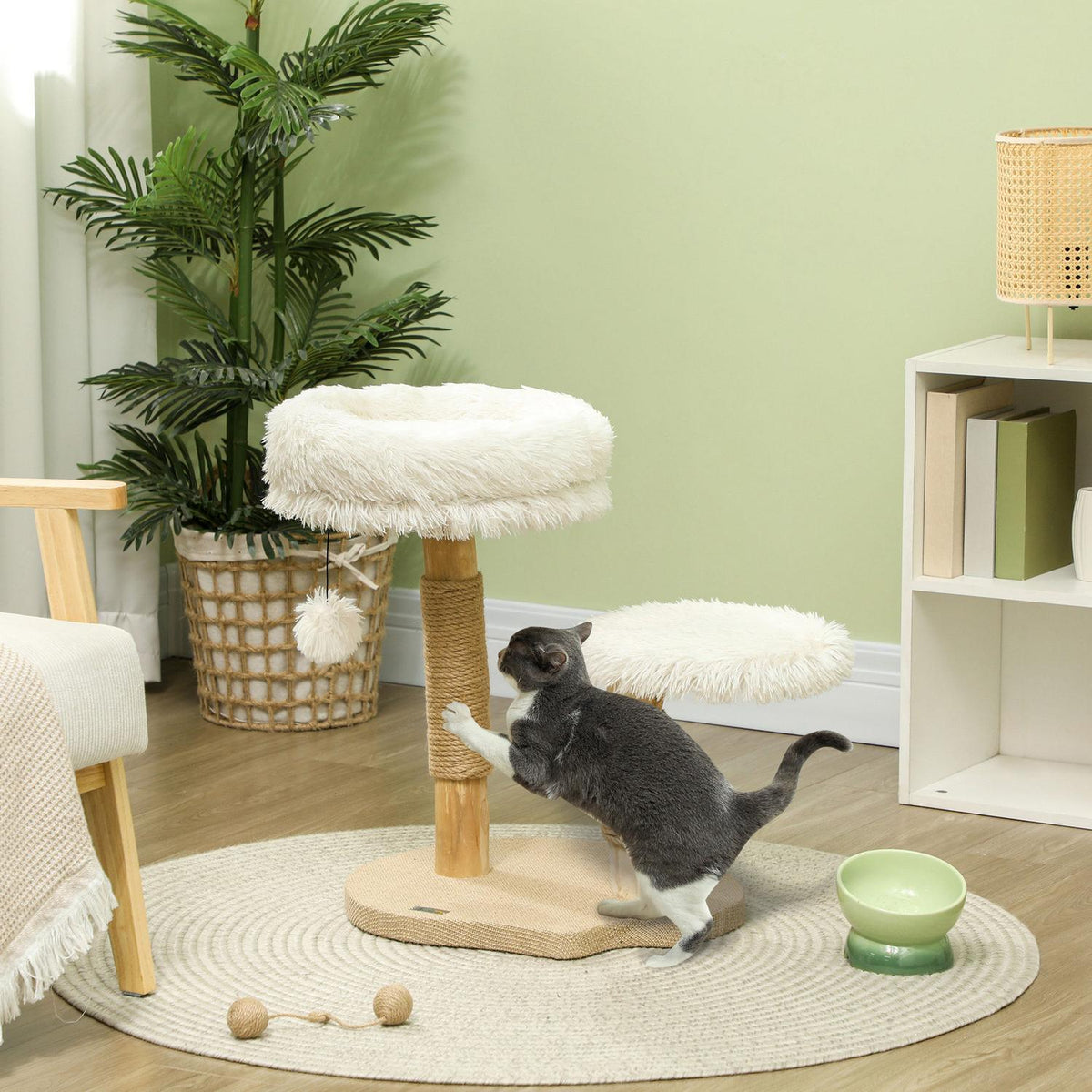 Scratching post 61.5 cm high cat scratching post with play ball, beds, cat tower with cat scratching board, for cats under 5 kg, pear wood, white