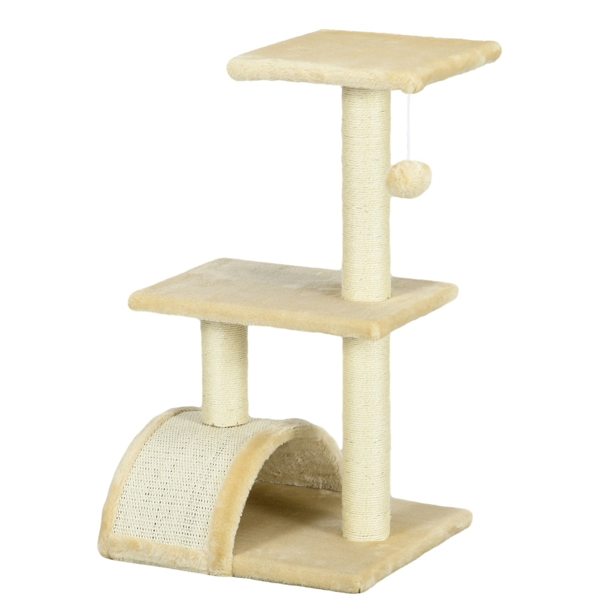 Scratching post 72 cm cat tower with plush balls, sisal posts, platform, scratching board cream white