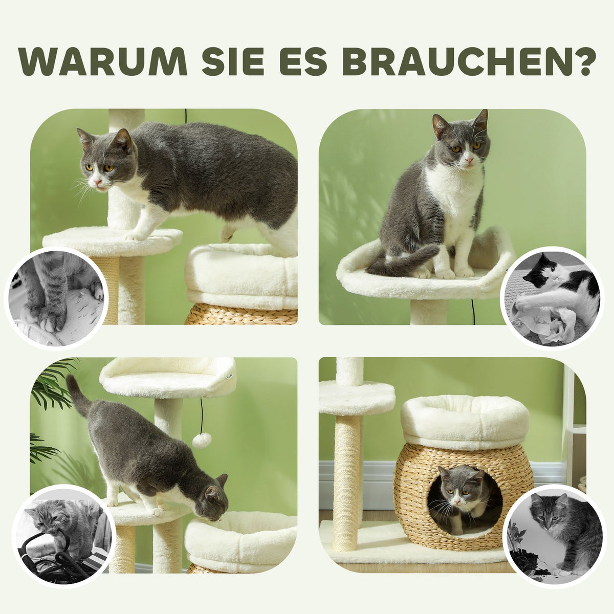 Scratching post 79 cm cat tree with cat cave, bed, play balls, cat scratching post with sisal scratching posts, for cats up to 5 kg, cream white