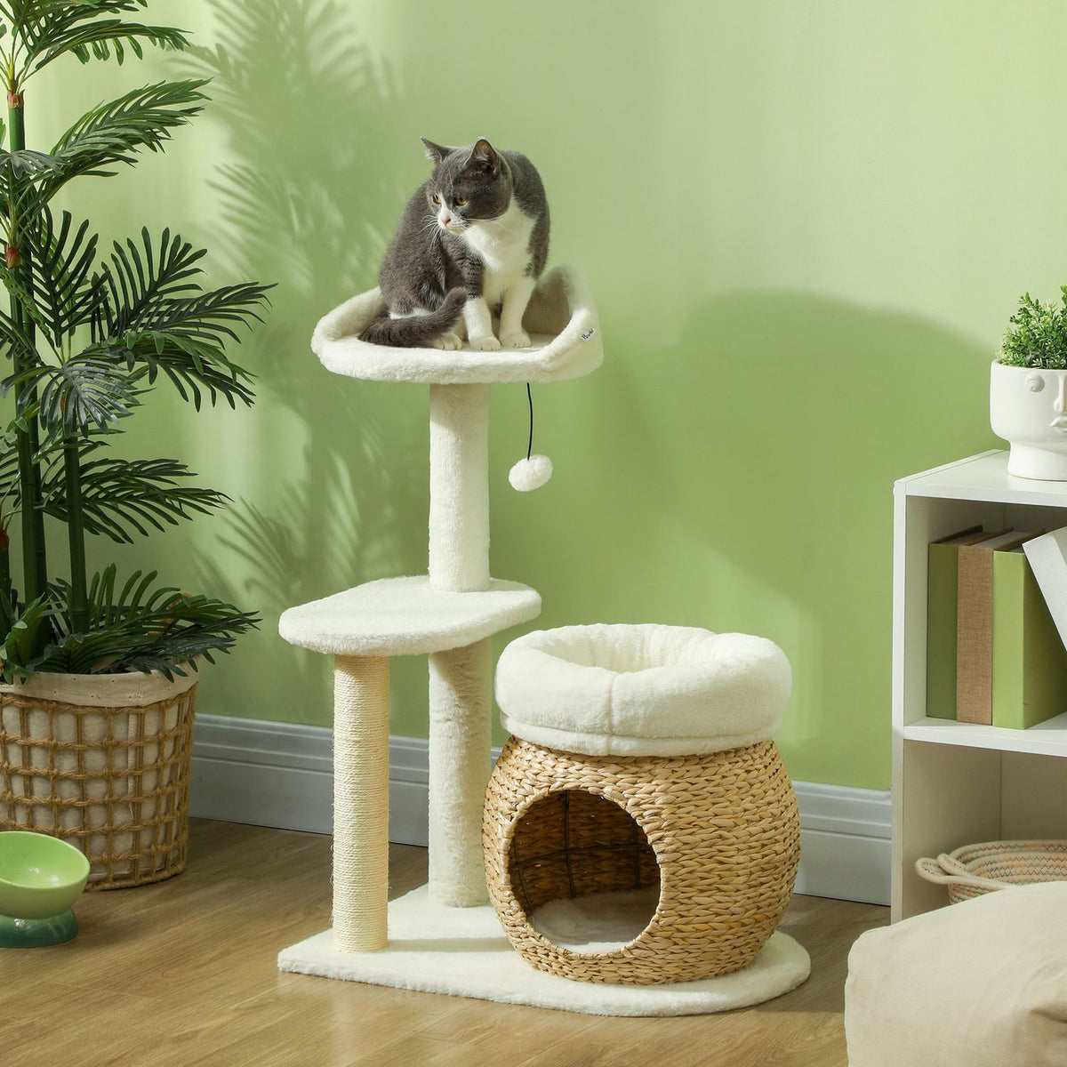 Scratching post 79 cm cat tree with cat cave, bed, play balls, cat scratching post with sisal scratching posts, for cats up to 5 kg, cream white