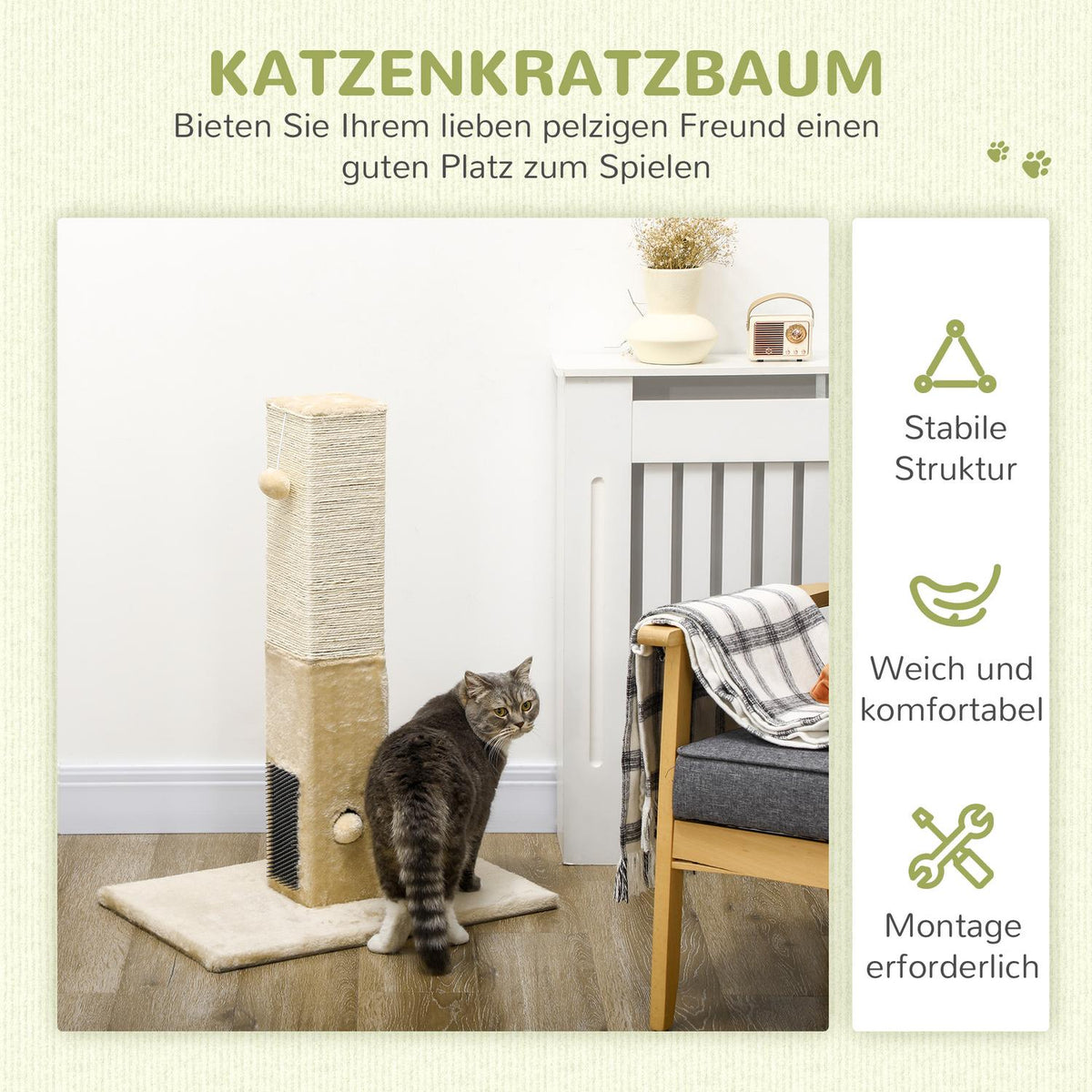 Scratching post, 79cm scratching post with fur brushes, jute cat scratching post with play ball, scratching post for cats under 4.5 kg, cat scratching furniture, indoor, beige