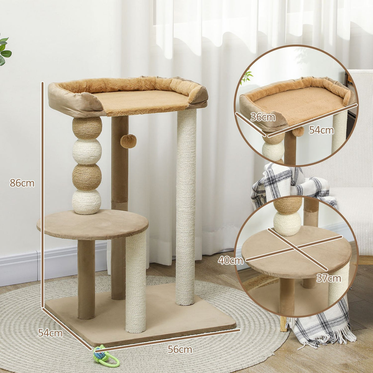 Scratching post 86 cm cat tree with jumping platform, bed, play ball, cat scratching post with jute scratching posts, for cats up to 7 kg, coffee