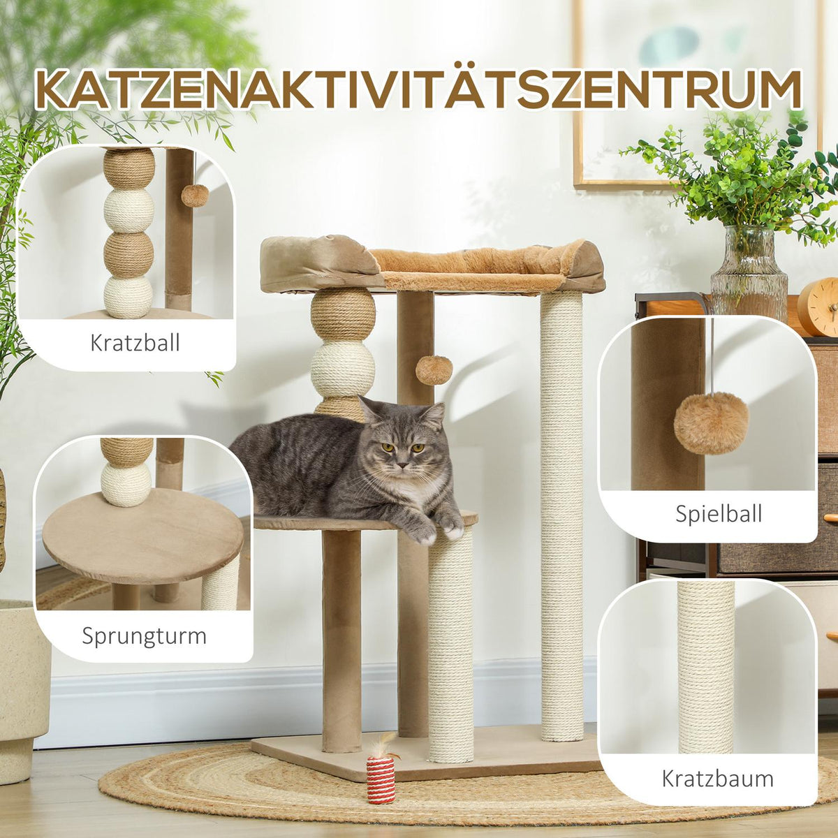 Scratching post 86 cm cat tree with jumping platform, bed, play ball, cat scratching post with jute scratching posts, for cats up to 7 kg, coffee