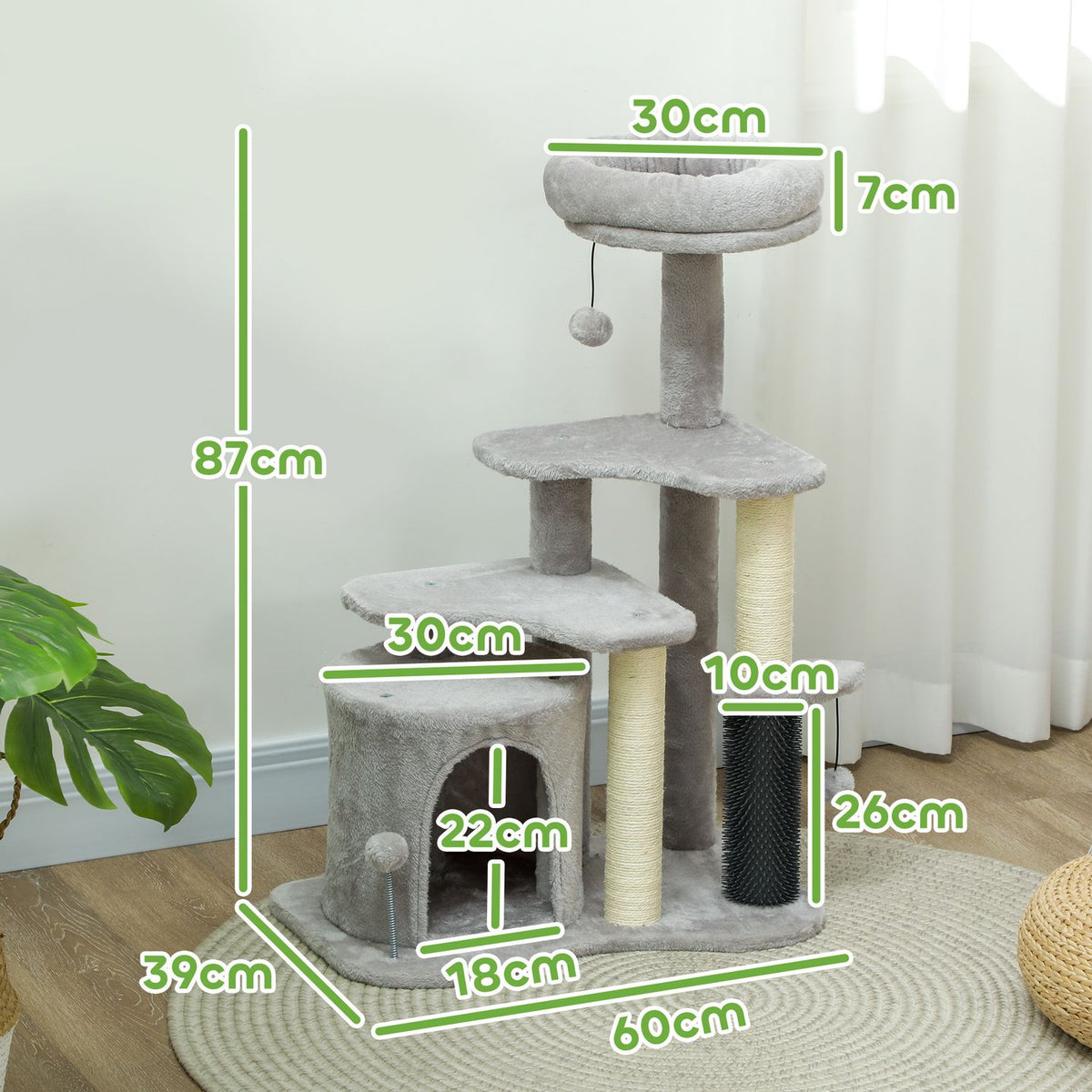 Scratching post 87 cm cat tree with cat cave, bed, play balls, cat scratching post with sisal scratching posts, for cats up to 5 kg, light gray