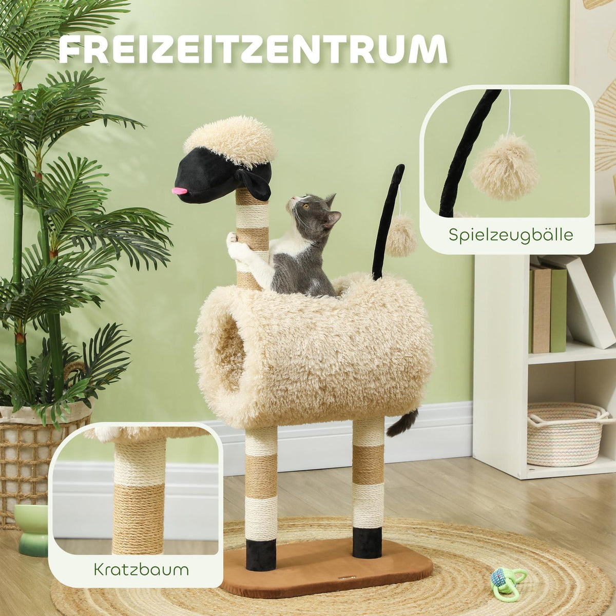 Scratching post 98 cm cat tree with scratching post, tunnel, play ball, cat scratching post in sheep design, for cats up to 5 kg, light brown